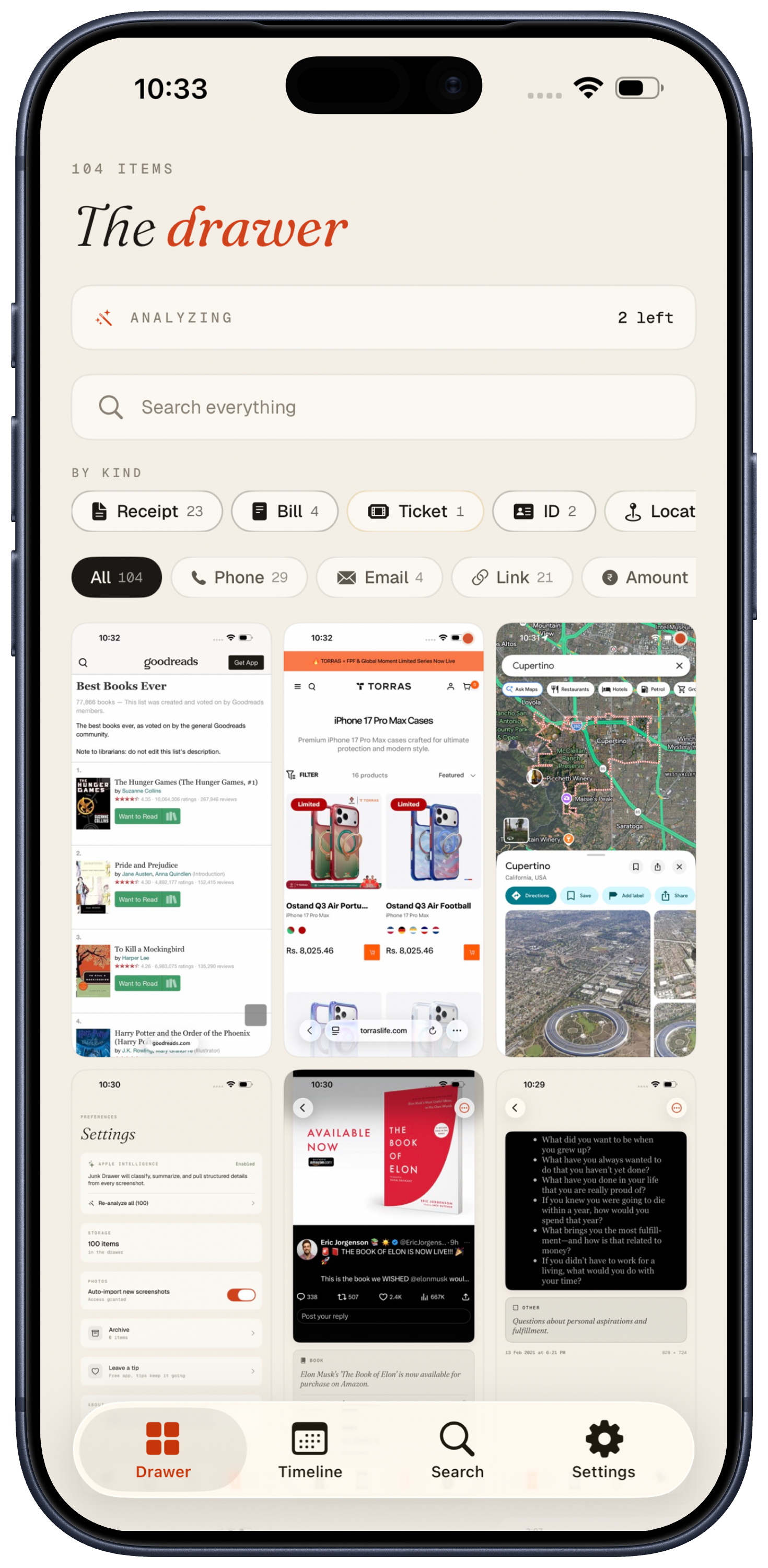 Junk Drawer's main drawer view