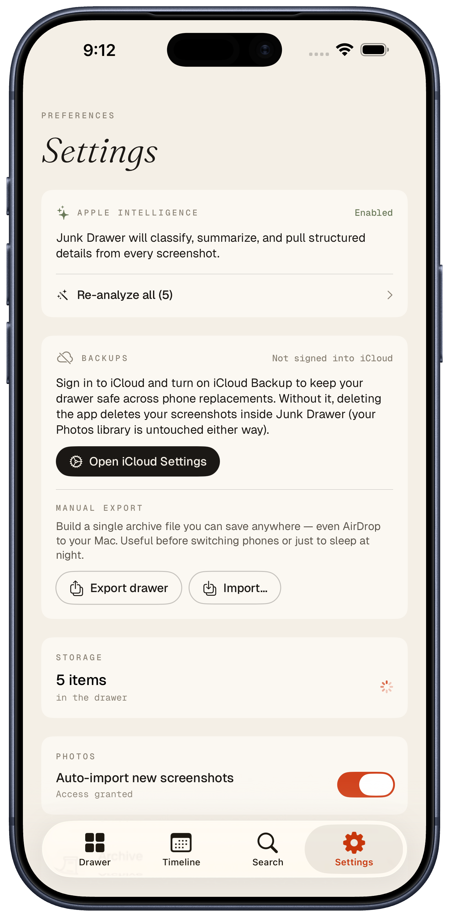 Junk Drawer's settings panel