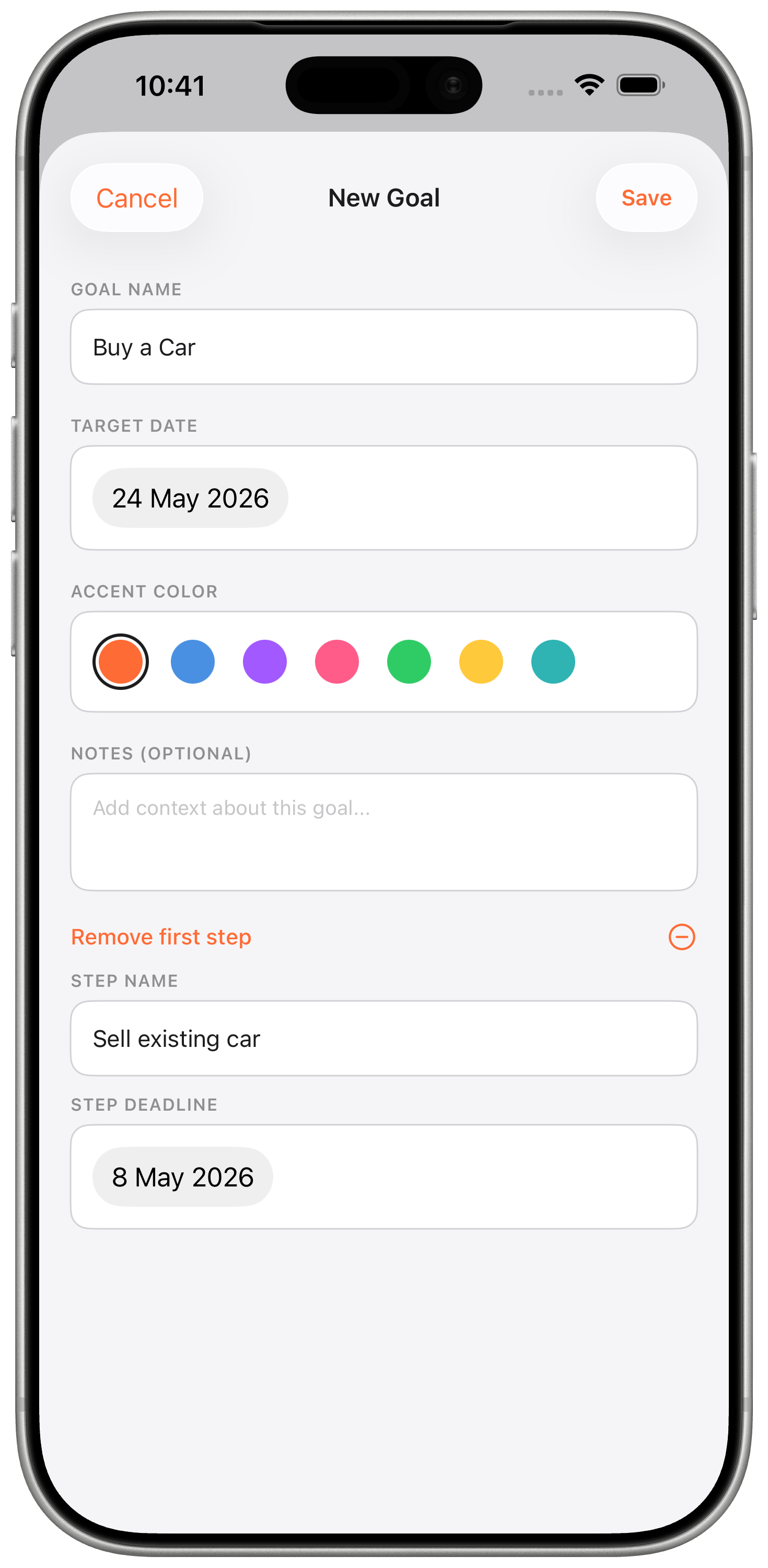 Adding a goal with its first step