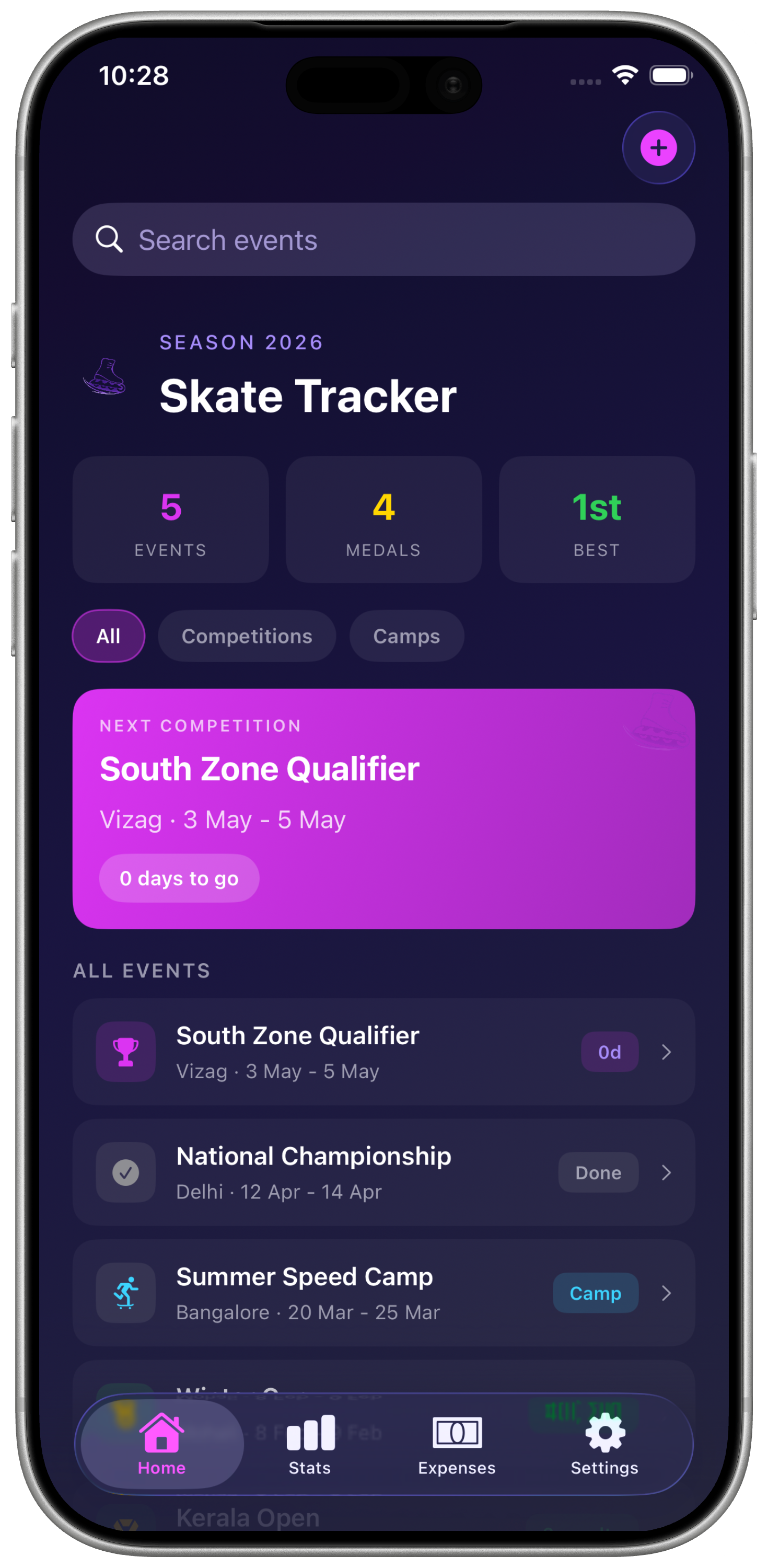SkateTracker events list with upcoming countdown