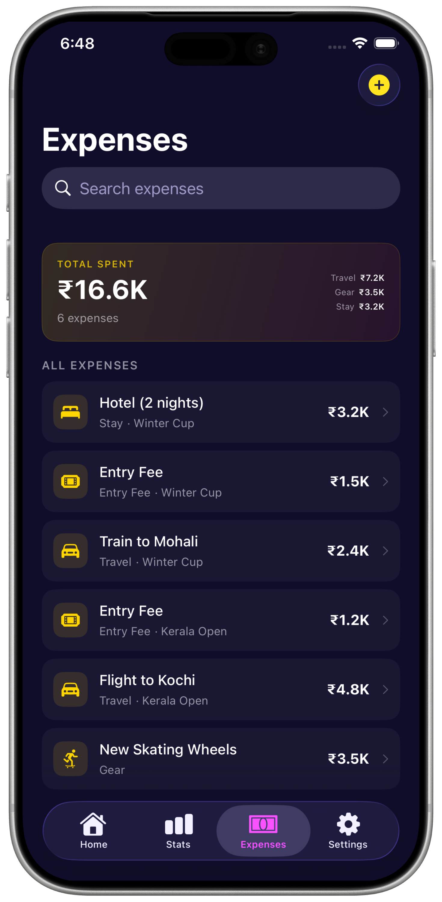 Expenses list with category breakdown