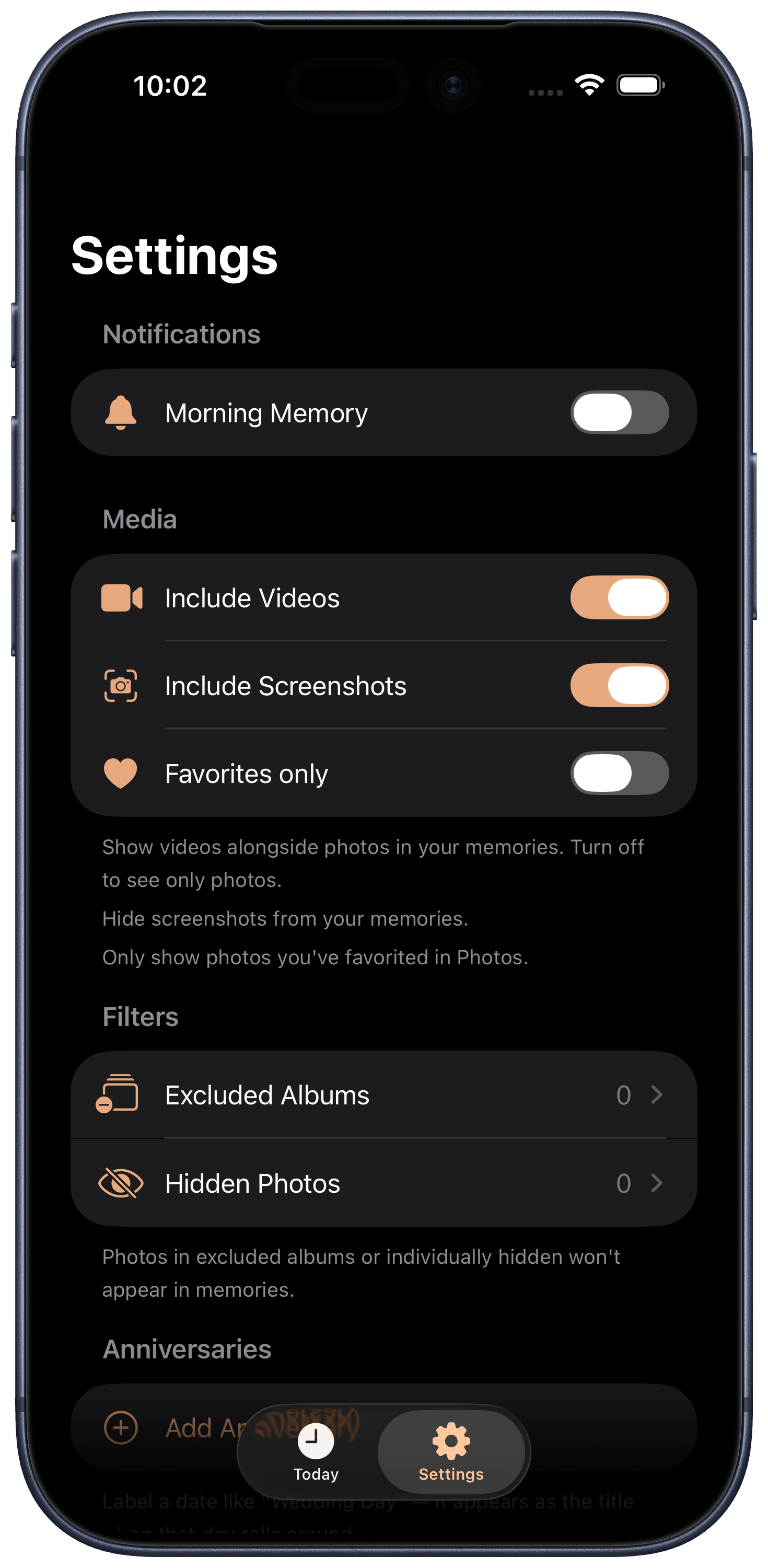ThisDay curation settings